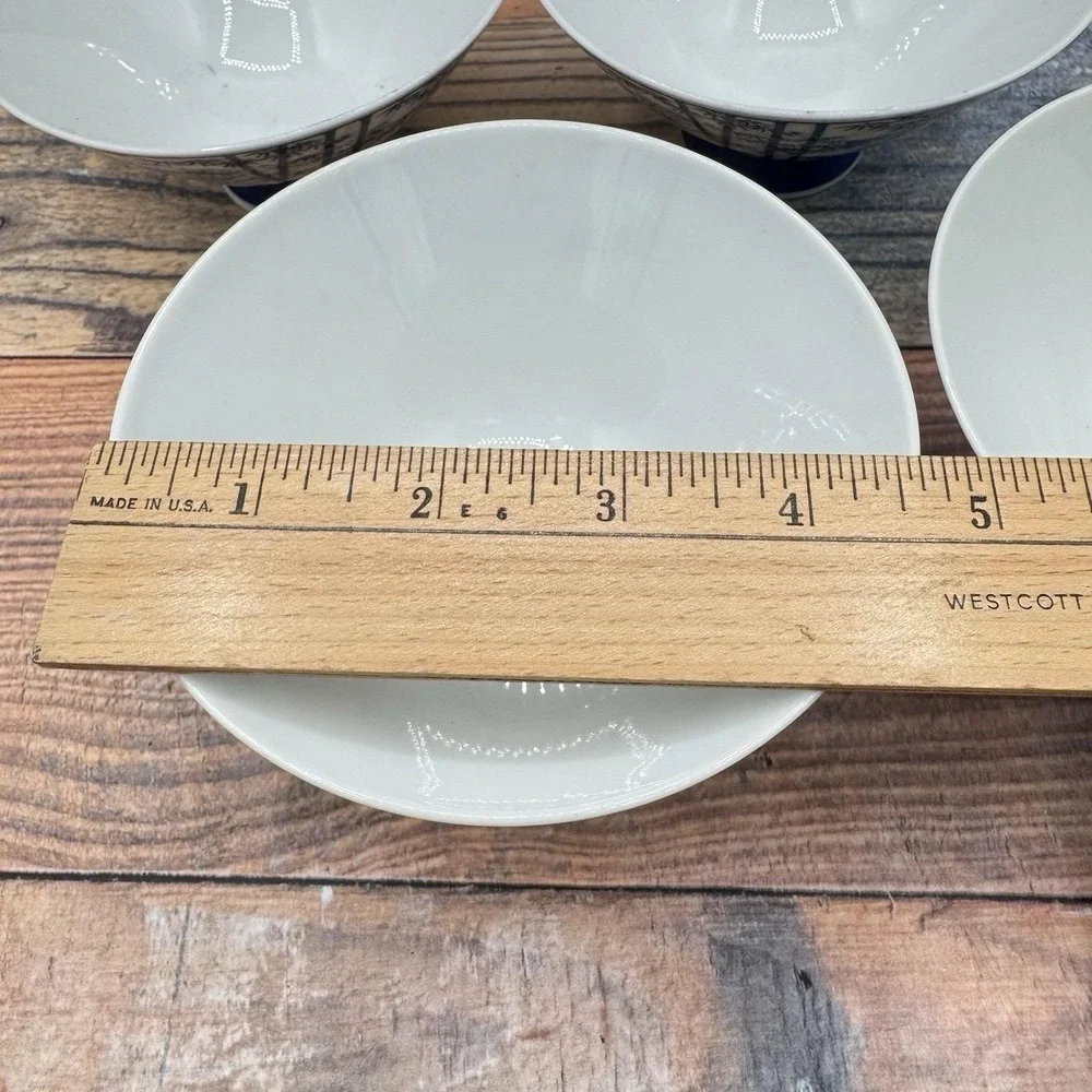 Set of 4 Vintage Japanese Rice Noodle Bowls Blue & White Porcelain Footed Bamboo